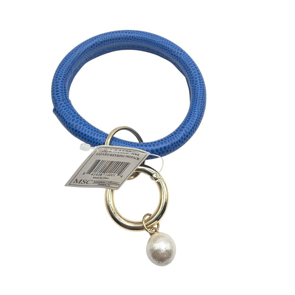 Bracelet Keyring Lizard Pattern Blue Gold tone Ring faux Pearl Charm jewelry